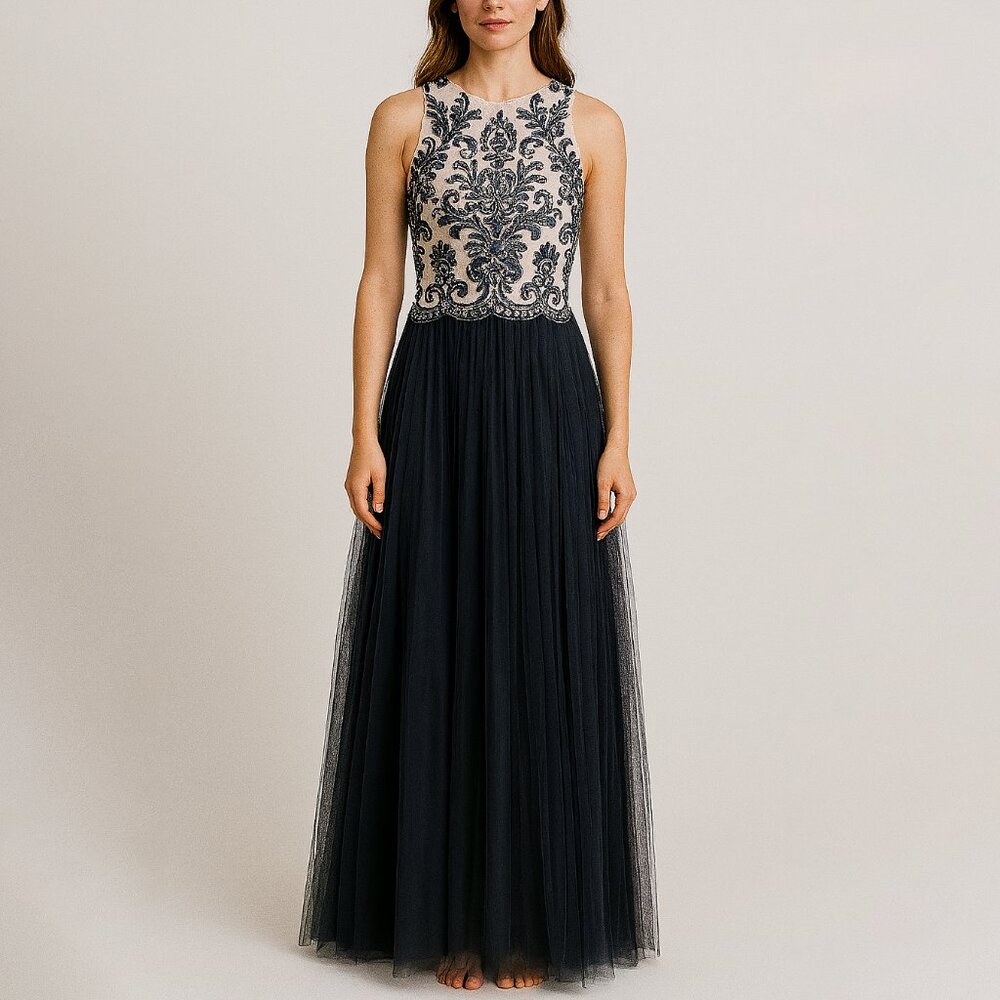 NWT Aidan Mattox Full Length‎ Tulle Floral Embroidered Gown Size 2